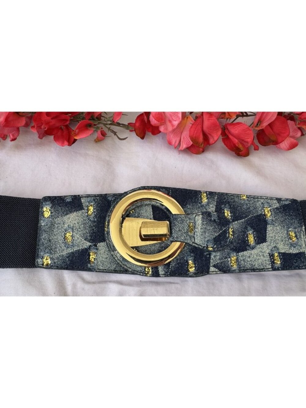Women Blue Stretch Wide Faux Leather Wide Fabric Belt Gold Hook Buckle Size M